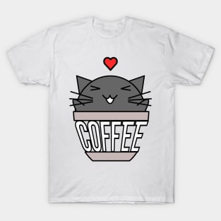 Happy cat in coffee cup with warped text heart on head black T-Shirt